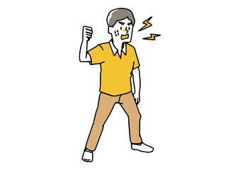 上から見下ろした怒っているカジュアルな男性　拳を作って腹を立てる　温かみのある手書きの人物イラスト　