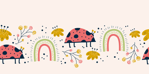 Seamless border with ladybug, rainbow and flower, pink background. Scandinvian Spring design. Insect ladybird with flowers and branches simple summer seamless printFlat Vector illustration.