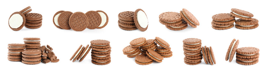 Set with tasty chocolate cookies with cream on white background. Banner design