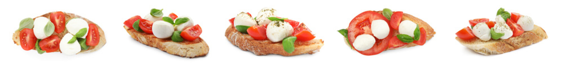 Delicious bruschettas with mozzarella, tomatoes and basil, collage. Banner design