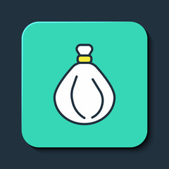 Filled outline Garbage bag icon isolated on blue background. Turquoise square button. Vector