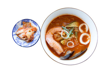 Die cut of Korean Noodle in Spicy Seafood soup with pork, shrimp, squid, and Mussels on white isolated.
