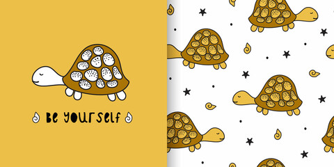 Illustration and seamless childish pattern with cute turtle in black and white style