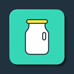 Filled outline Glass jar with screw-cap icon isolated on blue background. Turquoise square button. Vector