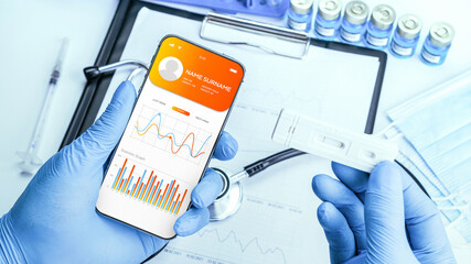 Health application medical technology. Doctor holding digital smartphone. Healthcare medicine app on mobile phone screen. Virtual hospital telemedicine concept.