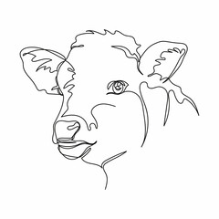 Continuous one simple single abstract line drawing of pretty calf cow face icon in silhouette on a white background. Linear stylized.