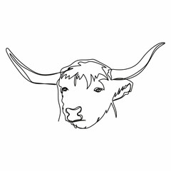 Continuous one simple single abstract line drawing of cattle portrait in silhouette on a white background. Linear stylized.