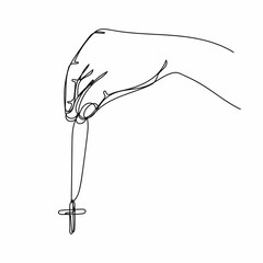 Continuous one simple single abstract line drawing of cross in hand easter day concept icon in silhouette on a white background. Linear stylized.