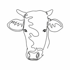 Continuous one simple single abstract line drawing of funny little cow head face portrait animal concept icon in silhouette on a white background. Linear stylized.