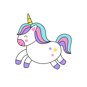 Vector illustration of cute kawaii unicorn isolated on white background.