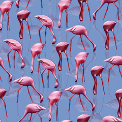Seamless pattern with pink flamingos standing on the water on a siren background