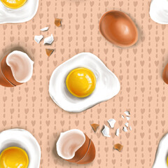 seamless pattern with eggs, fried eggs and shells on a beige background to create textures, backgrounds and cards