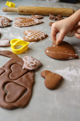 Fototapeta premium Girl decorates homemade gingerbread hearts with icing