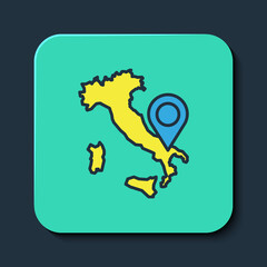 Filled outline Map of Italy icon isolated on blue background. Turquoise square button. Vector