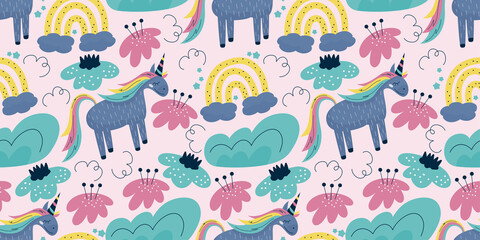 Scandinavian unicorn seamless pattern with rainbow and flower. A horse with a horn sits on a dark background with cloud. Childrens textile with a bright rainbow