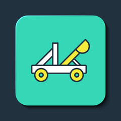 Filled outline Old medieval wooden catapult shooting stones icon isolated on blue background. Turquoise square button. Vector