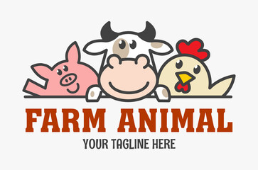 Farm animal funny logo. Compound feed sign. Chicken, cow and pig icon. Meat delivery logo.