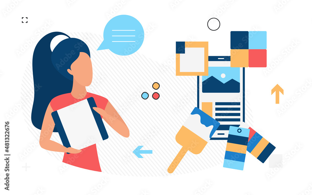 Poster web graphic designer developing social media content. digital project management visual communicatio