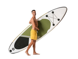 Handsome young man with board for sup surfing on white background
