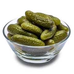 Bowl of Tasty canned Whole green cornichons isolated on a white background