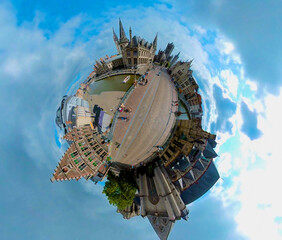 little planet view of the old town of  Ghent in Belgium. On an overcast day with no camera in view.