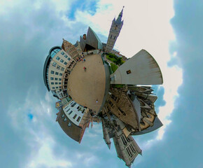 little planet view of the old town of  Ghent in Belgium. On an overcast day with no camera in view.
