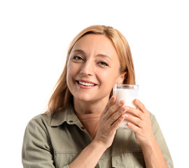 Mature woman with glass of milk on white background