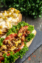 Close-up of home made tasty burger and hot dogs with fried chicken french fries. raditional American food. fast food