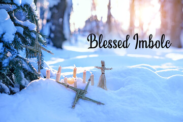 Blessed Imbolc greeting card. Wiccan altar for Imbolc sabbath, pagan holiday ritual. Brigid's cross...