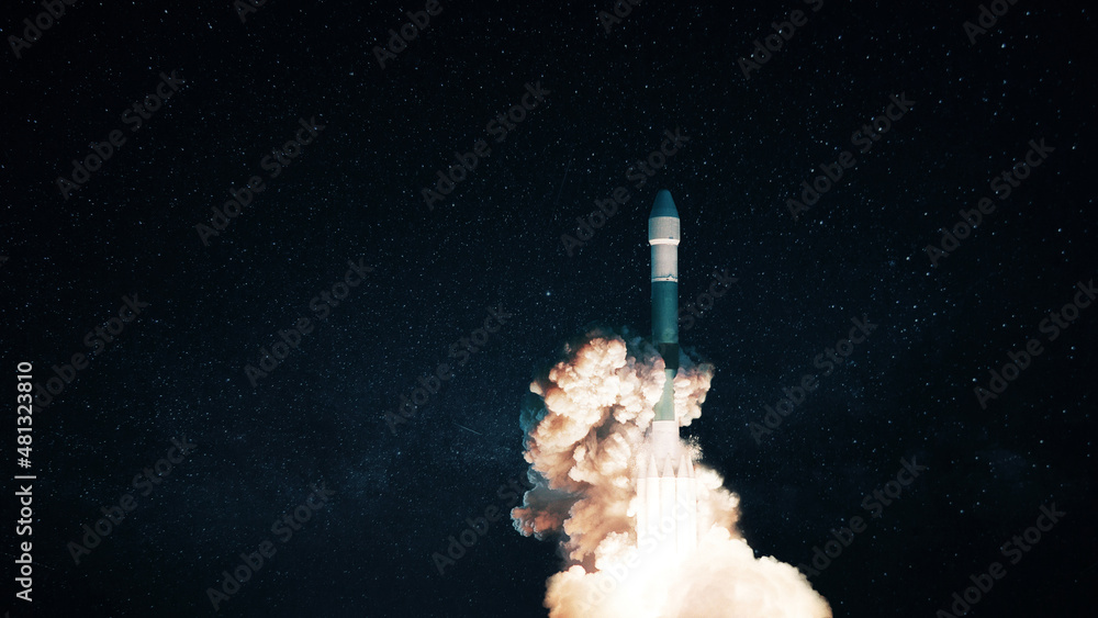 Poster new space rocket with puffs of smoke and blastoff successfully takes off into space.
