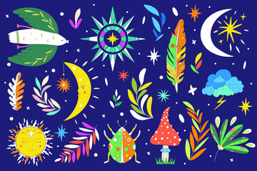 Plakat A set of elements of vector design of witch magic. A collection of magicians, hand-drawn, doodles, sketches. Magical symbols_ moon, stars, plants, eyes. 