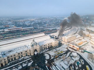 Obraz premium old steam retro train at Lviv railway station
