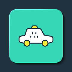 Filled outline Taxi car icon isolated on blue background. Turquoise square button. Vector