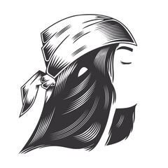 Woman face with vintage headband hairstyles for long hair vector line art illustration.