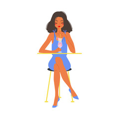 Beautiful girl with a cocktail glass. Dark hired girl in a violet dress drinks a pink cocktail through a straw. Vector illustration drawn in flat style.