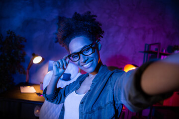 Portrait of lady web development specialist make selfie video call front end modify seminar in...