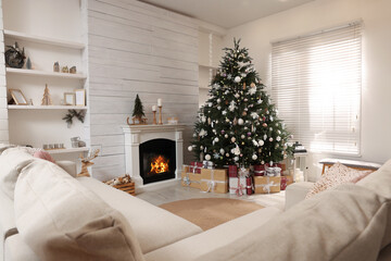 Festive living room interior with beautiful Christmas tree