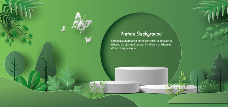 Product banner, podium platform with geometric shapes and nature background, paper illustration, and 3d paper.