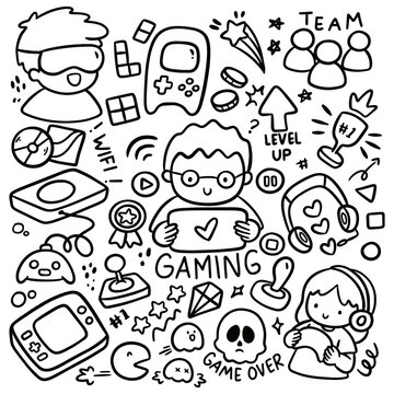 Set of hand drawn gamer gadget doodle isolated on white 