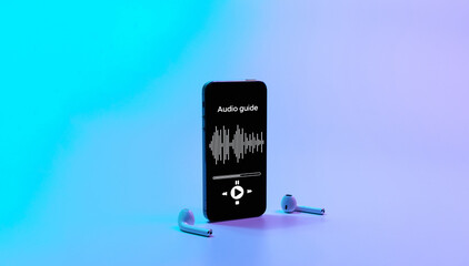 Audio tour online app on digital mobile smartphone with music headphones. Digital library with audiobooks, audioguide, courses on neon background.