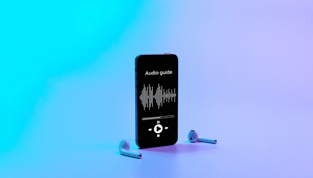 Audio tour online app on digital mobile smartphone with music headphones. Digital library with audiobooks, audioguide, courses on neon background.