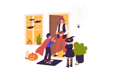 Trick-or-treat, Halloween tradition. Kids disguised in holiday costumes asking for candies in houses. Children coming for sweets in October. Flat vector illustration isolated on white background