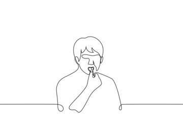 man slobbering finger - one line drawing vector. concept of licking your finger after delicious meal, moisten finger to open something or turn the page