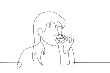 woman drinking shot putting finger away - one line drawing vector. concept of drinking alcoholic beverages from short glass (vodka, soju, tequila), female alcoholism
