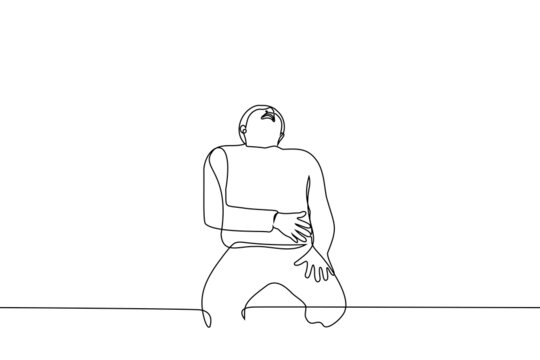 Man Laughing At Top Of Lungs - One Line Drawing Vector. Man Clutched His Stomach While Sitting On Chair.  Concept Of Uncontrollable Laughter, Acute Pain In The Abdomen