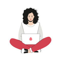 A girl with laptop working or studing at home. Using laptop. Cartoon style. Vector illustration. 