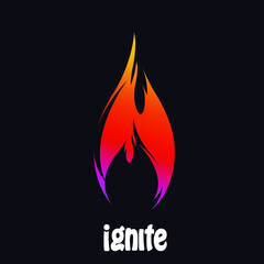 Candle, flame, fire logo. Bright, colorful illustration isolated on dark background. Burn symbol, heat sign. Decorative wavy lines.