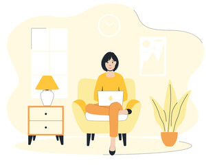 A girl sitting on chair and working or studing at home. Using laptop. Flat style. Vector illustration. 