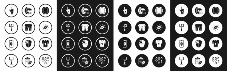 Set American football field, shorts, goal post and, Number 1 one fan hand glove with finger raised, Football, helmet, jersey and Smartphone american the screen icon. Vector