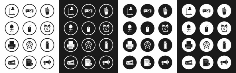 Set Flowers in pot, Computer mouse, Office chair, Table lamp, Alarm clock with dollar symbol, Presentation, movie, film, media projector, USB flash drive and Printer icon. Vector